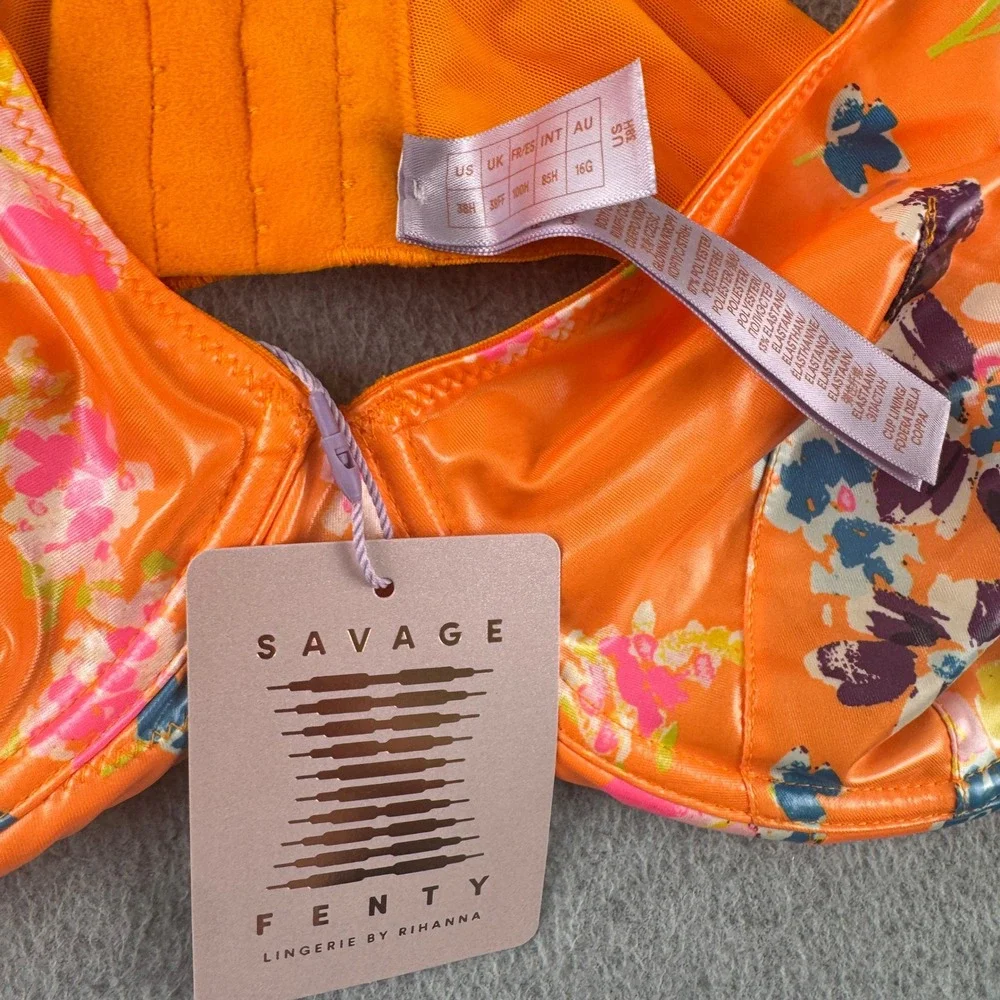 Savage X Fenty Bra Womens 38H Orange Floral Unlined Underwire Bows Lingerie